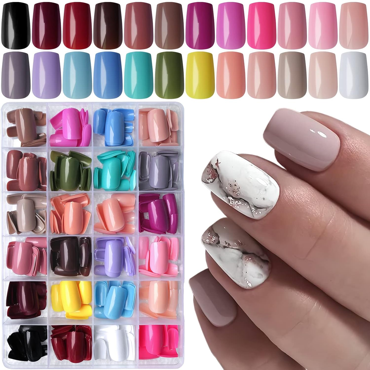 Loveourhome 576Pc Square Press on Nails Medium Fake Nails with Glue Tab, Medium Glue on Nails Press Ons Nail Square Acrylic Nail Full Cover Artificial Fingernails Stick False Nail for Women Girls
