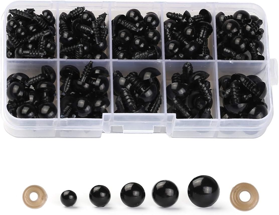 100PCS 6Mm-12Mm Solid Black Eyes with Washers, Sewing for DIY of Puppet, Plush Animal Making and Teddy Bear
