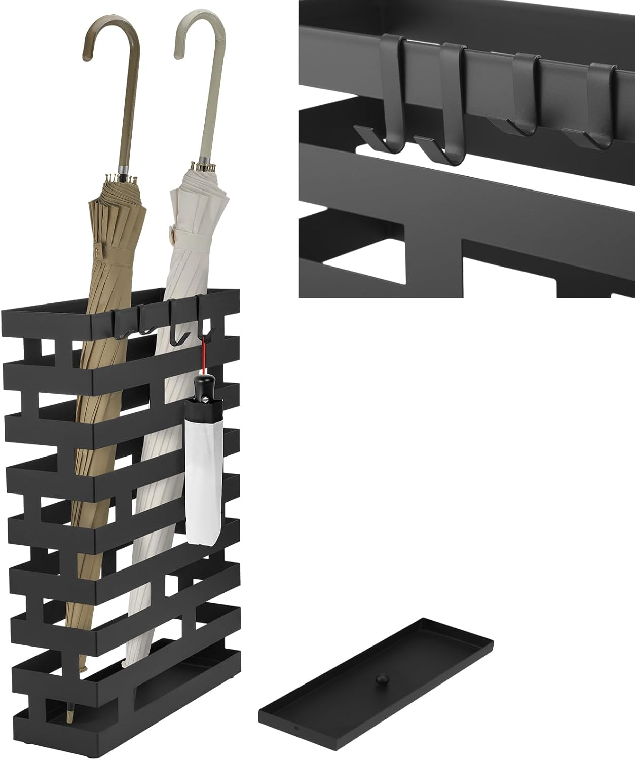 Umbrella Stands for Entryway Large Metal Umbrella Holder 3.94 X 11.81 X 16.93 Inches with Removable Water Tray and Hooks Decor Freestanding Rectangular Hollow Rack for Home Office (Black)