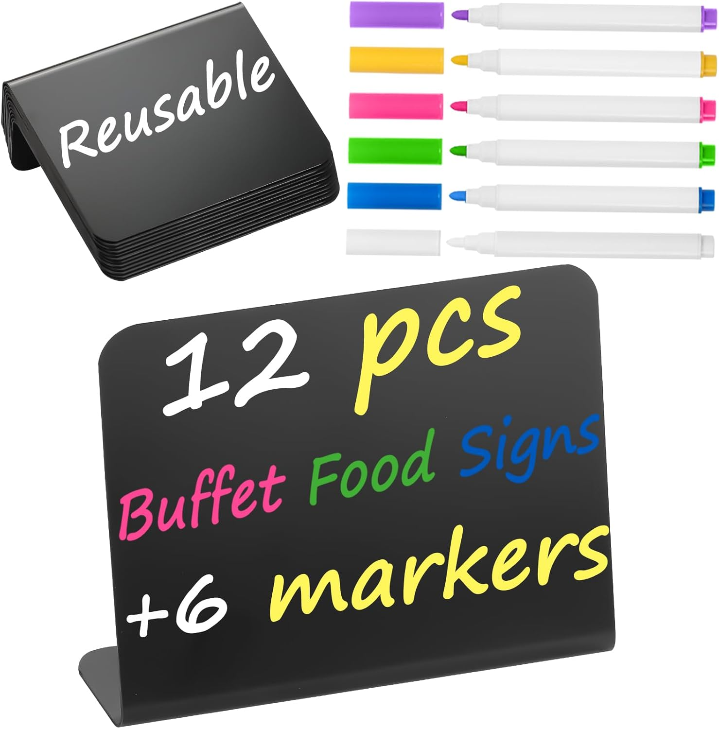 12 Pack Mini Chalkboard Food Labels with 6 Wet Erase Markers for Events