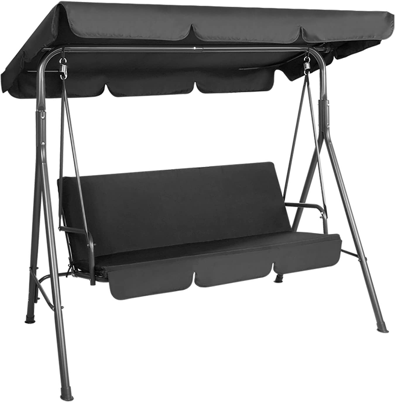 Outdoor Swing Chair 3 Seater Black Garden Bench Hanging Seat, Patio Baconly Furniture Chairs, with Adjustable Canopy Cushions Stand Water Resistant 200Kg Capacity