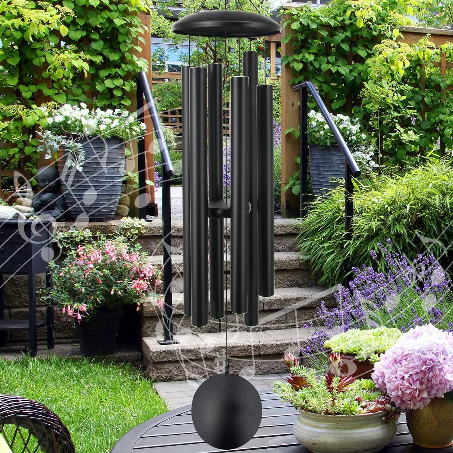 45In Memorial Wind Chimes Large with 6 Heavy Tubes | Large Deep Tone Wind Chimes Outdoor for Garden Hanging Décor,Sympathy Gifts. Black