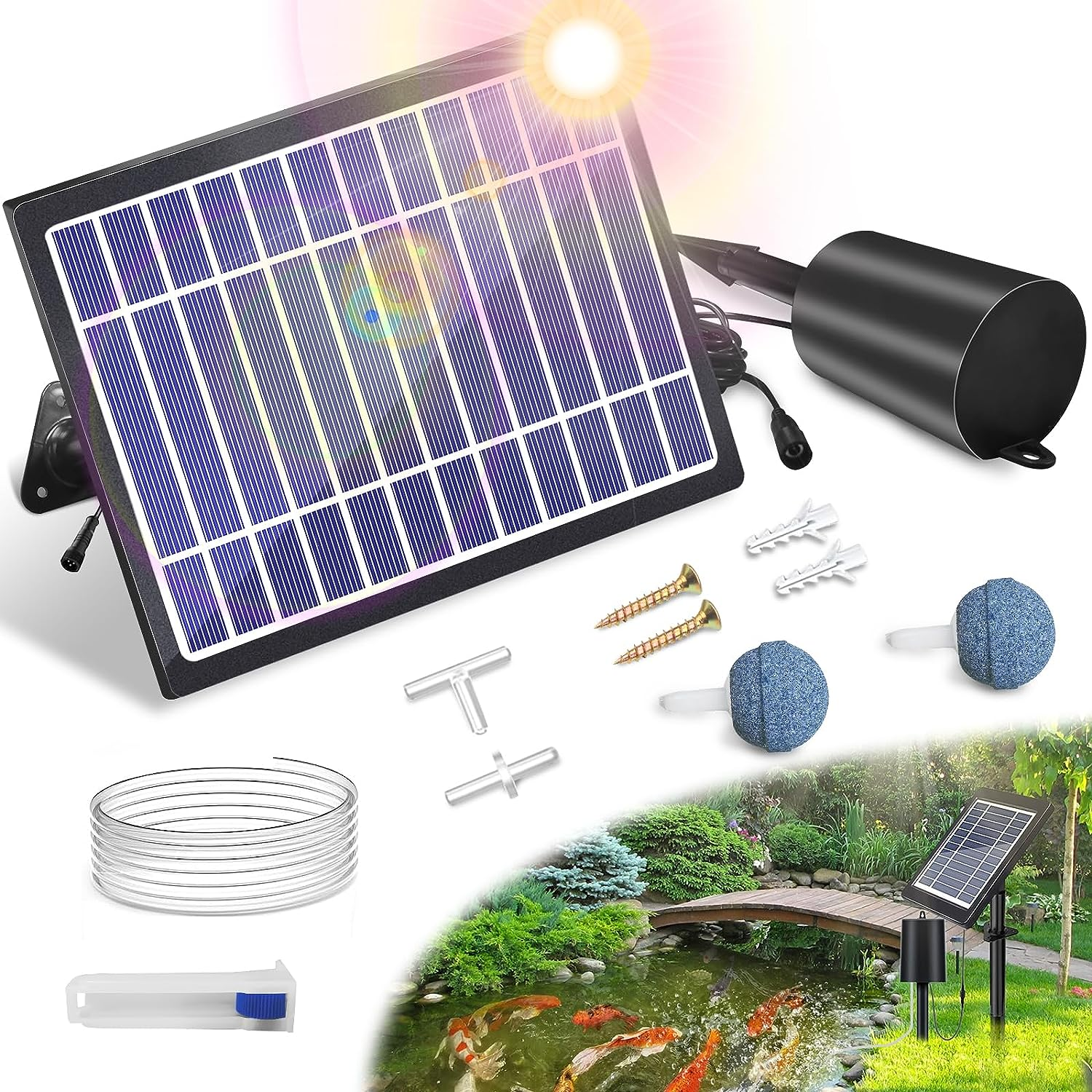 Solar Pond Aerator with Air Pump, 3 Modes(18H/36H/72H) Solar Aerator for Ponds Outdoor, 4W & 2200 Mah Solar Powered Air Pump with Bubble Regulator for Small Fish Pond, Stock Tank, Aquarium Hydroponics