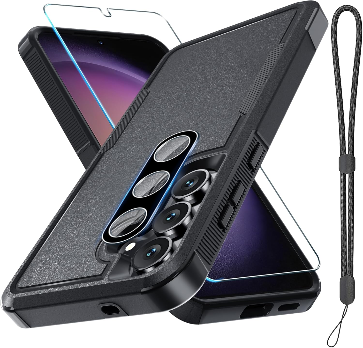 For Samsung Galaxy S25 FE Case with Screen Protector+Camera Lens Cover,Military Grade Heavy Duty Shockproof Phone Cover with Wrist Lanyard Strap for Samsung S25Fe,Black Matte