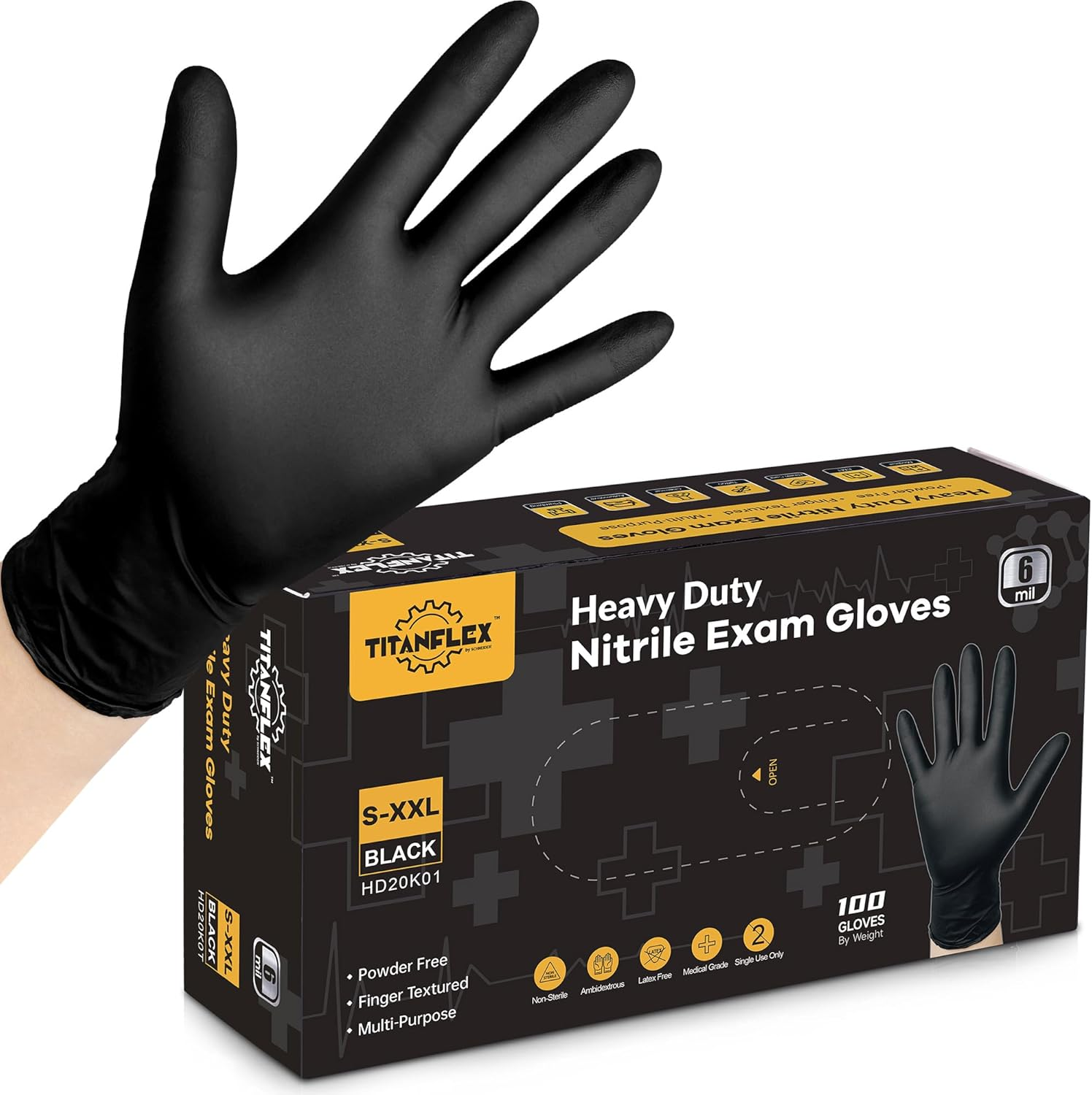 Titanflex Disposable Nitrile Exam Gloves, 6-Mil, Black, Heavy Duty Disposable Gloves, Cooking Gloves, Latex Free, Powder Free