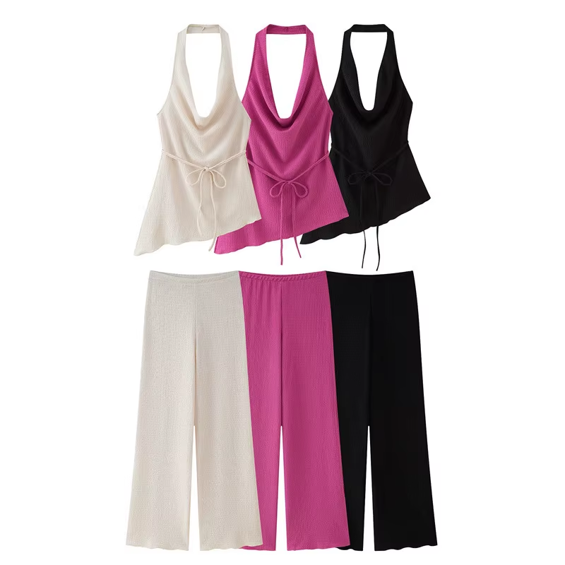 2025 Casual Women'S Tank Top & Short Pants Suit Asymmetric Design Halter Neck Top 0347302 & 17365.15Kg for Foreign Trade