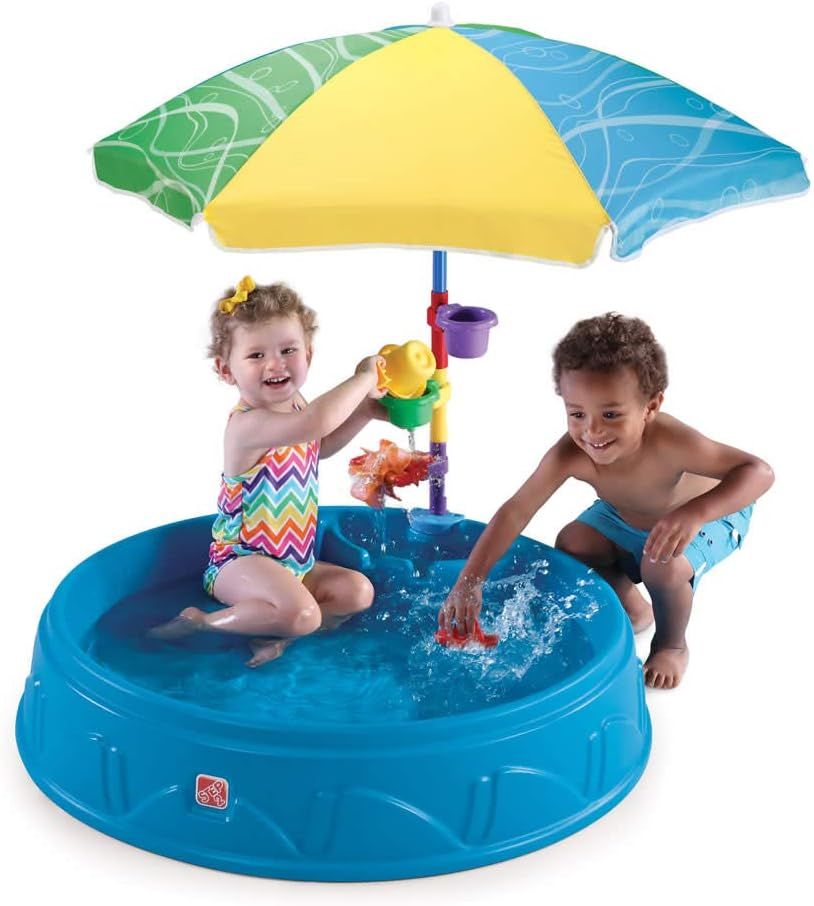Step2 Play & Shade Pool, Kids Activity Pool with Umbrella, Summer Outdoor Toys, 7 Piece Toy Accessories, for Toddlers 2+ Years Old