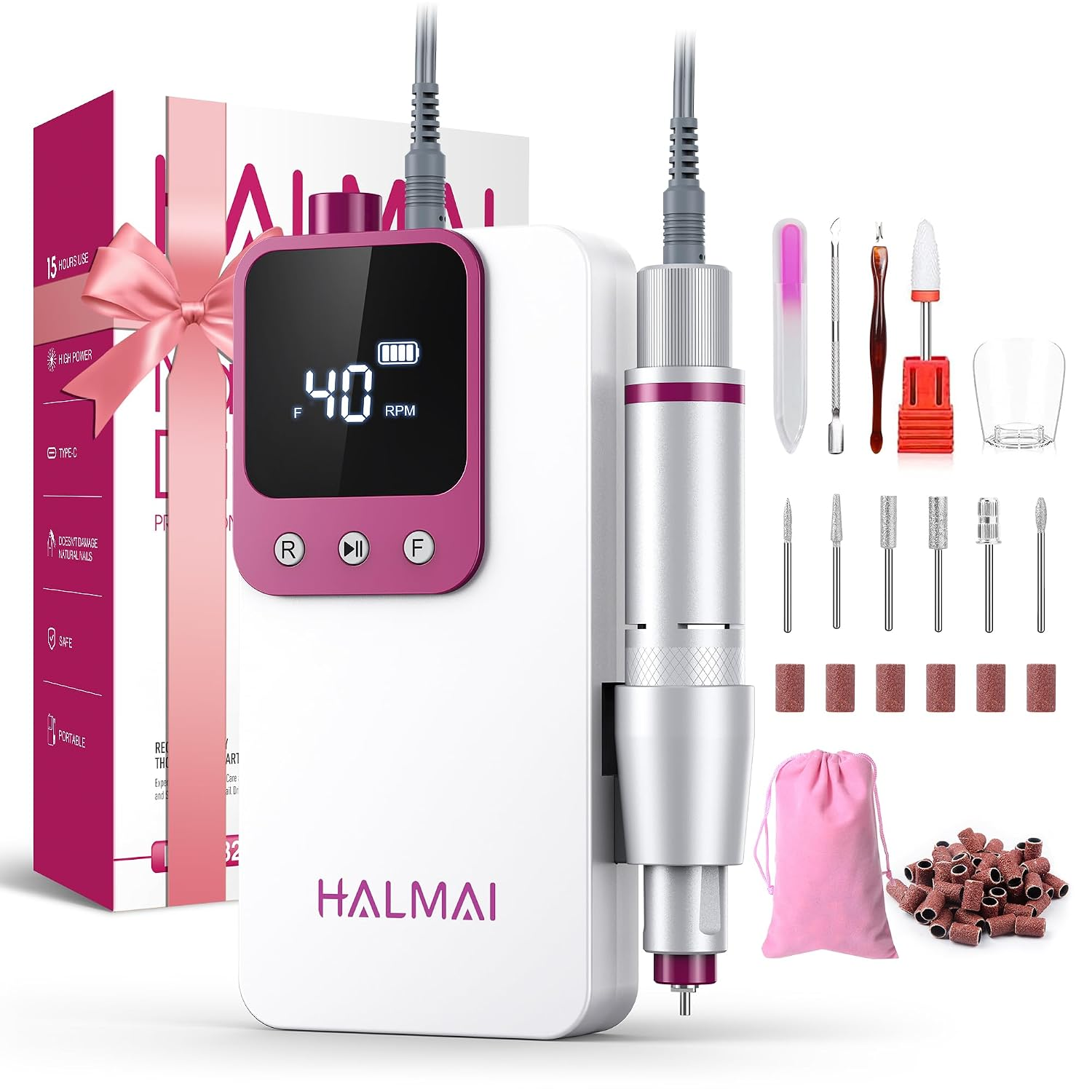 Electric Nail Drill Professional, Portable Nail File for Acrylic Gel Nails, Cordless Rechargeable Ultra Power Nail Drill Kit 40000RPM, Salon-Grade Efile Nail Machine (White)