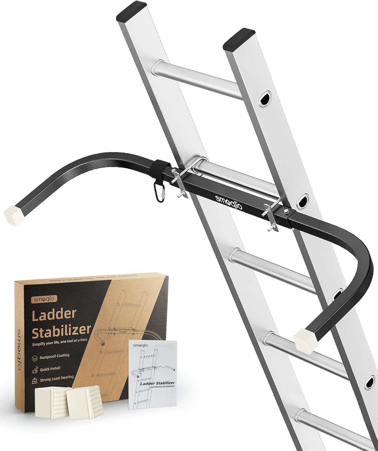 Ladder Stabilizer, Adjustable Ladder Standoff, Ladder Stabilizer for Roof Gutter Cleaning, Ladder Gutter Guard Accessories with White Anti-Slip Silicone Pad to Protect Wall