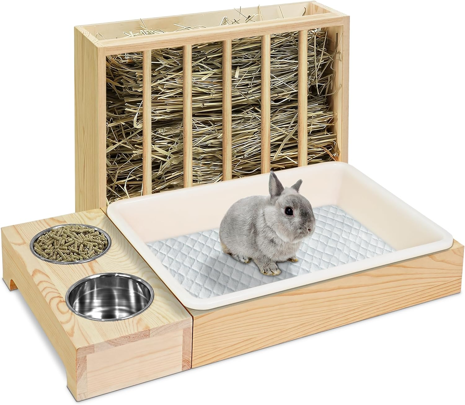 MOBYKE 3 in 1 Rabbit Hay Feeder with Litter Box, Wood, Mess Proof, for Guinea Pig, Chinchillas, Hamster, Dwarf Rabbit