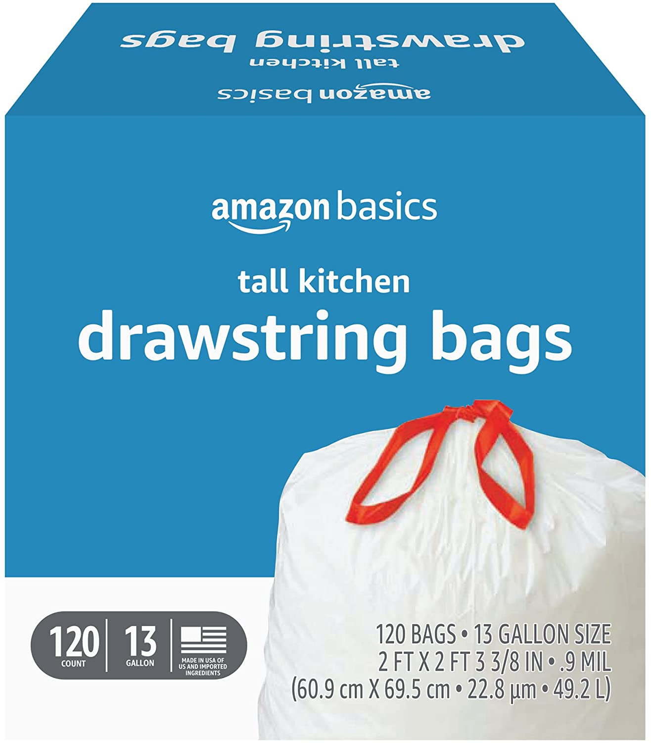 Amazon Basics Trash Bags, Tall Kitchen Drawstring, Unscented, 13 Gallon, 120 Count, Pack of 1
