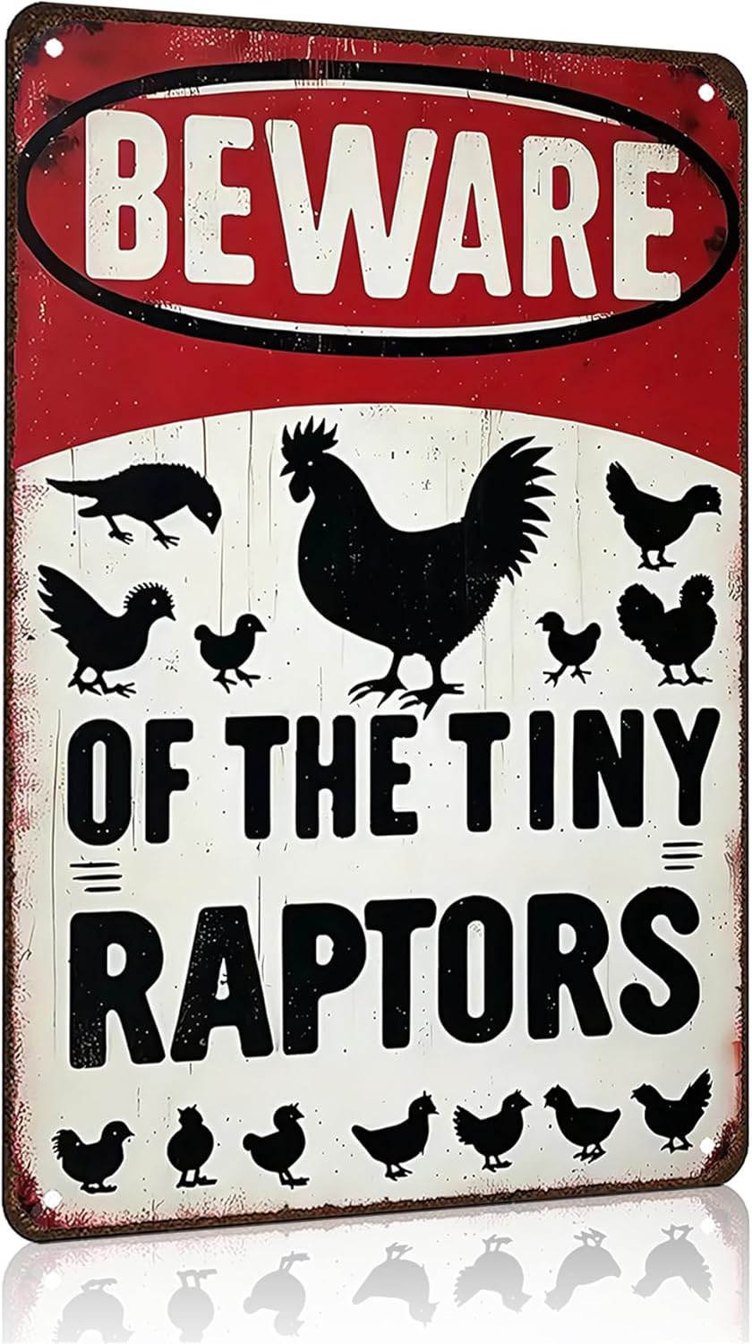Funny Gifts for Women Chicken Lovers Farm Enthusiasts Beware of the Tiny Raptor Chicken Tin Sign for Chicken Coop Farm Kitchen Garden Yard Decor 8 X 12 Inch (3921)