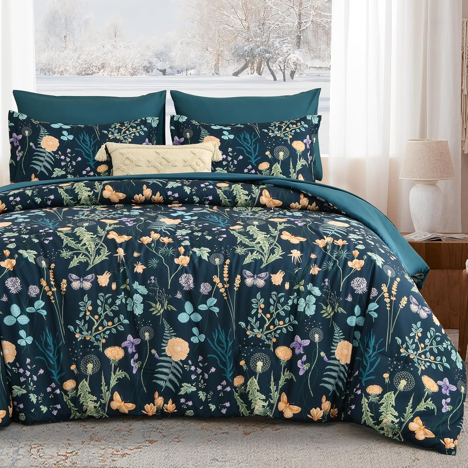 King Size Comforter Set 7 Pieces, Peacock Blue Botanical Floral Winter Comforter Bedding Set, Bed in a Bag King, Soft Microfiber Complete Bedding Set with Sheets for All Season