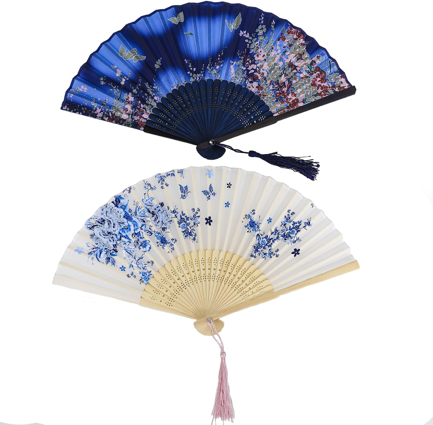 2 Pieces Handheld Fans,Silk Folding Foldable Fans Vintage Bamboo Frames Chin