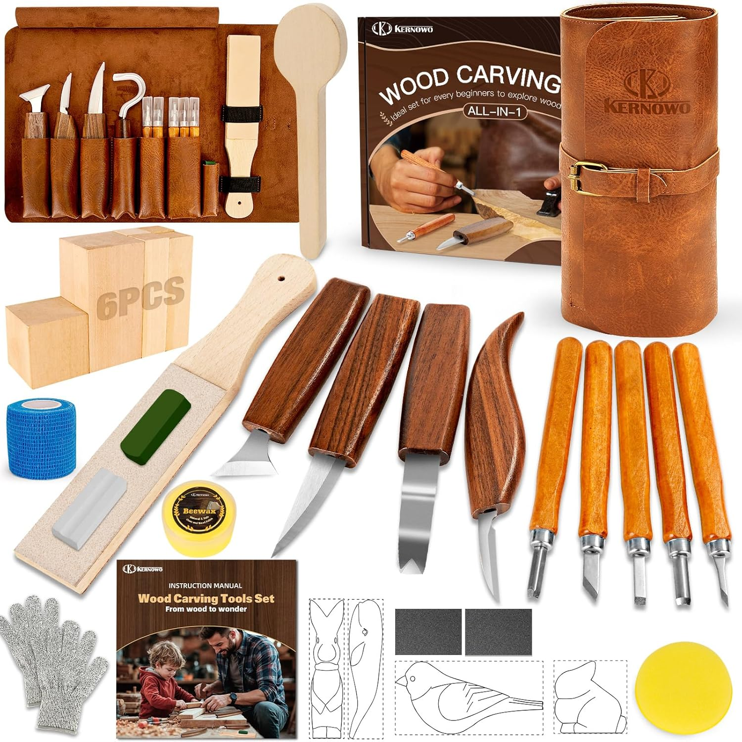 Wood Carving Kit, 32Pcs Wood Carving Tools with PU Storage Bag, Wood Whittling Knife Kit with 4Pcs Templates & 11Pcs Wood Carving Knives for Wood DIY Beginners