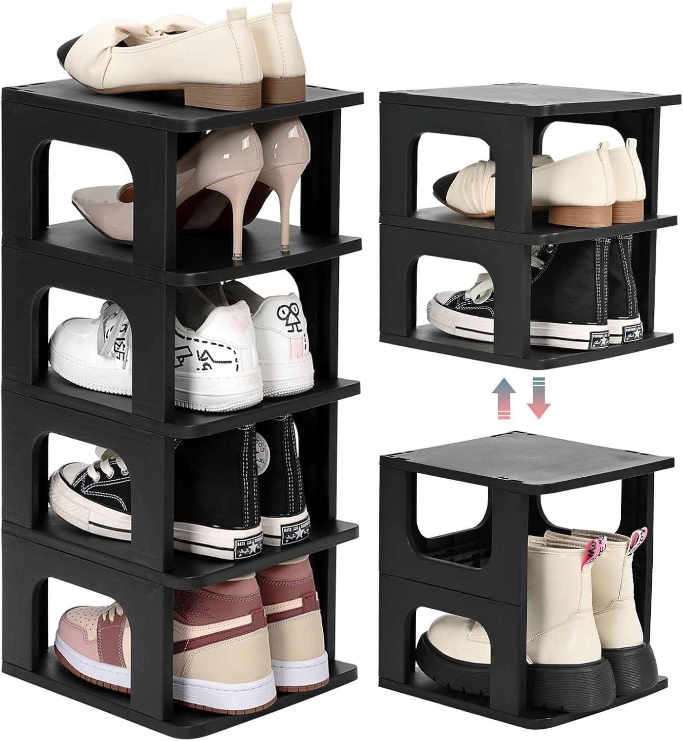 5-Tier Small Shoe Rack, Vertical Narrow Stackable Organizer with Removable Partition, Efficient Shoe Storage for Closet, Entryway, and Small Spaces (Black)