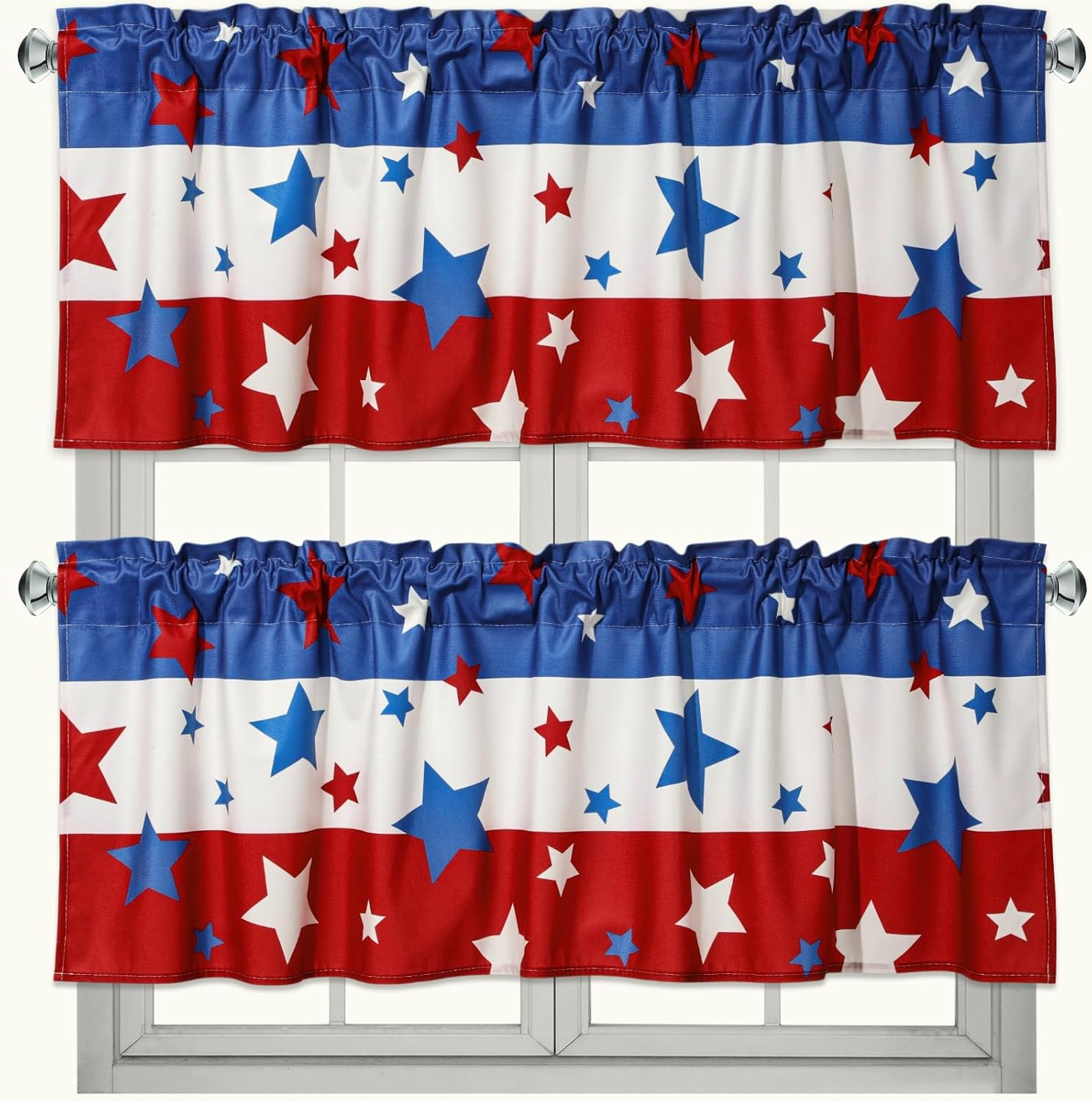 2 Pack Patriotic Curtain Valance for Windows Red White and Blue Star Short Curtains 4th of July Veterans Day Valances Rod Pocket Window Treatments for Kitchen Living Room Decor 54 x 18 Inch