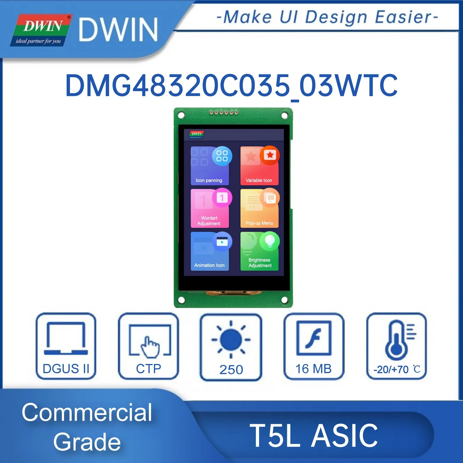 3.5 Inch LCD Display Module 320*480 HMI Commercial Grade Touch Panel Connect Arduino ESP32 STM32 UART TFT DMG48320C035_03W