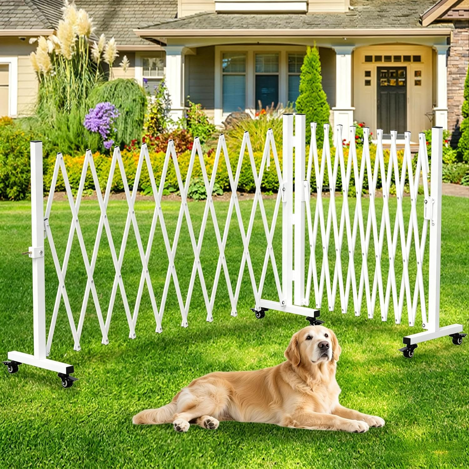 Expandable Driveway Gate, Portable Barricade Gate with Casters, Metal Folding Security Gate, 209" Wide Aluminum Expandable Garden Fence, Outdoor Dog Fence for Yard (White, 213)