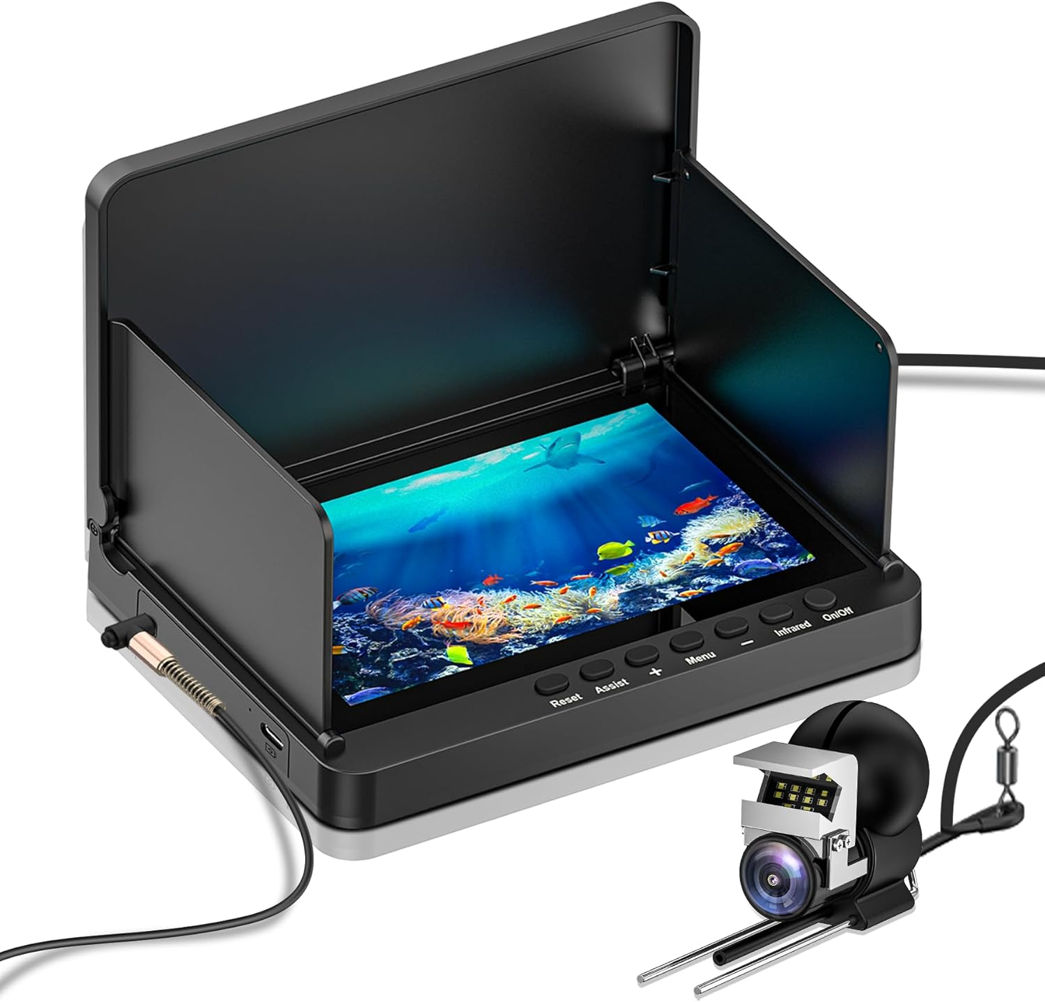 Underwater Fishing Camera, 5 Inch IPS LCD Screen Fishing Camera W/Infrared Night Vision, 6000Mah Ice Fishing Camera, Portable Fish Finder W/100Ft Cable for Ice Lake Boat Kayak Fishing