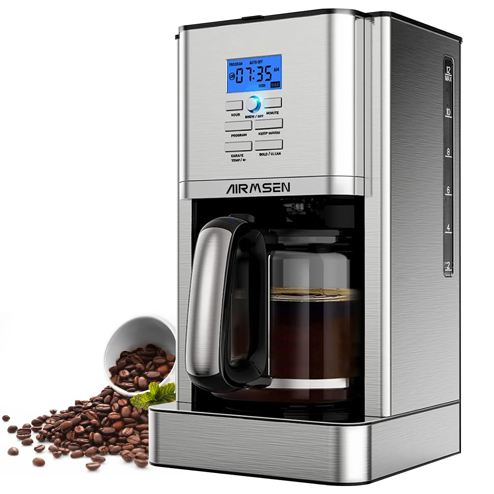 AIRMSEN 12-Cup Programmable Stainless Steel Coffee Maker with Self-Cleaning Feature