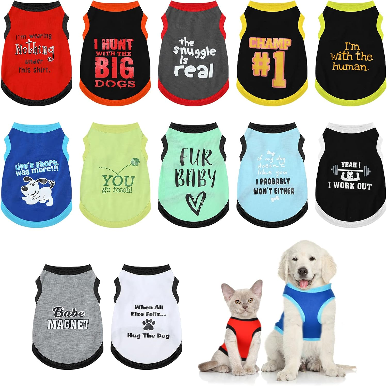 12 Pieces Dog Shirts Pet Printed Clothes with Funny Letters Summer Pet T Shirts Cool Puppy Vest Breathable Dog Outfit Soft Cat Sweatshirt for Chihuahuas Cats Accessories, 12 Styles(X-Large)