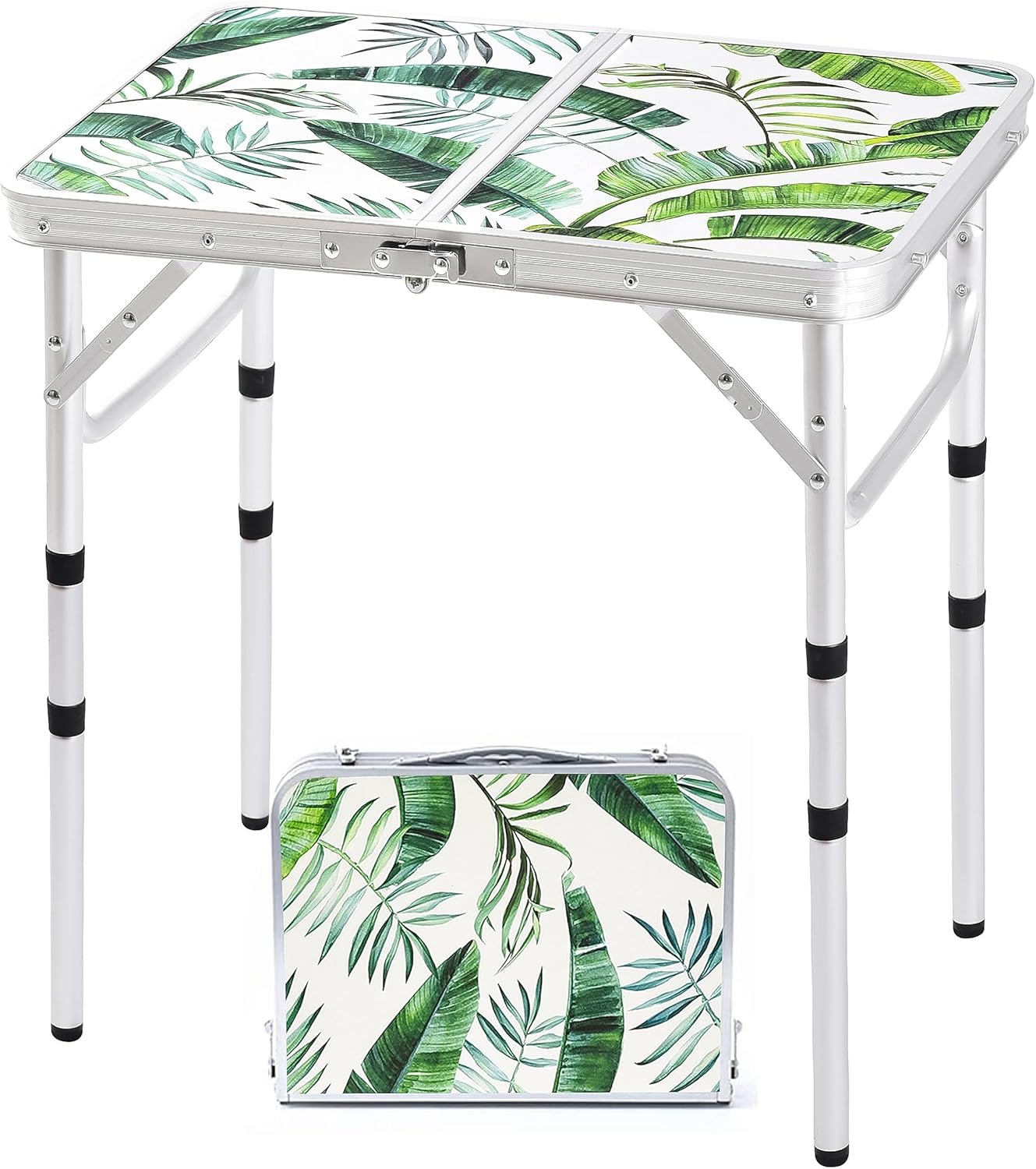 Folding Camping Table 2Ft Portable Pinic Table Adjustable Height Small Card Table Aluminum Foldable Lightweight with Carry Handle for Outdoor Indoor Hiking Camp BBQ Beach (Monstera Palm Leaves)