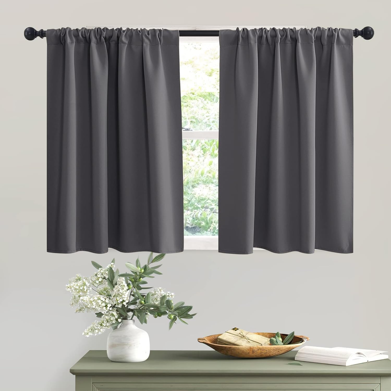 Short Curtains Gray Half Window Curtains for Bedroom, Privacy Curtain Tiers for Windows, Energy Saving Curtain Tiers for Bathroom Shades, Wide 42 X Long 36 Inches per Panel, Grey, Set of 2