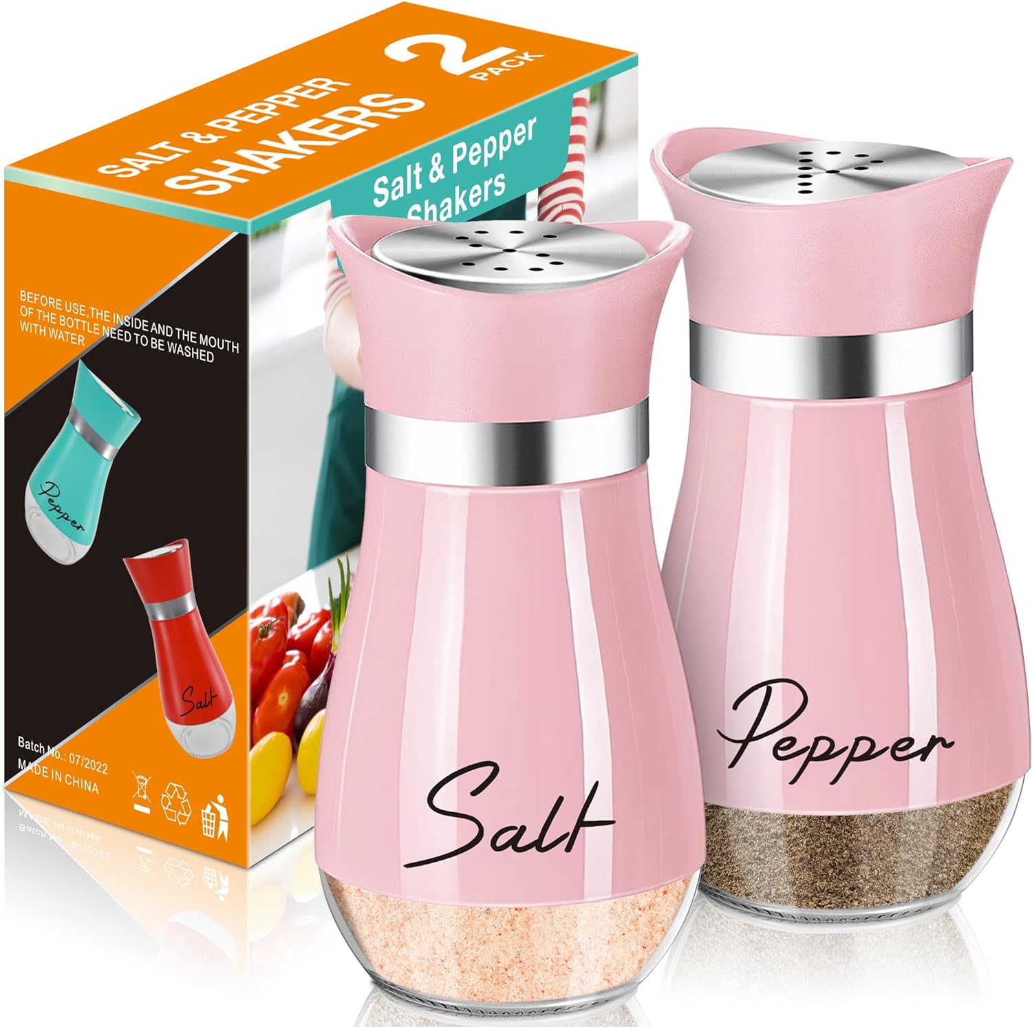 Salt and Pepper Shakers Set,4 Oz Glass Bottom Salt Pepper Shaker with Stainless Steel Lid for Kitchen Cooking Table, RV, Camp,Bbq Refillable Design (Pink)