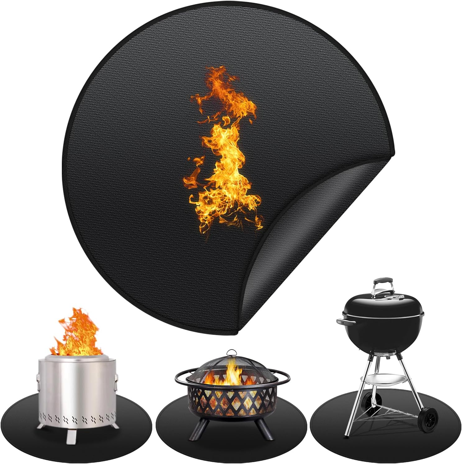 36'' Fire Pit Mat for Solo Stove Bonfire, round Fireproof under Grill Mat, Oil-Proof Waterproof BBQ Pad for Deck Patio Grass Outdoor Grill Accessories, Portable and Reusable, Glossy Black