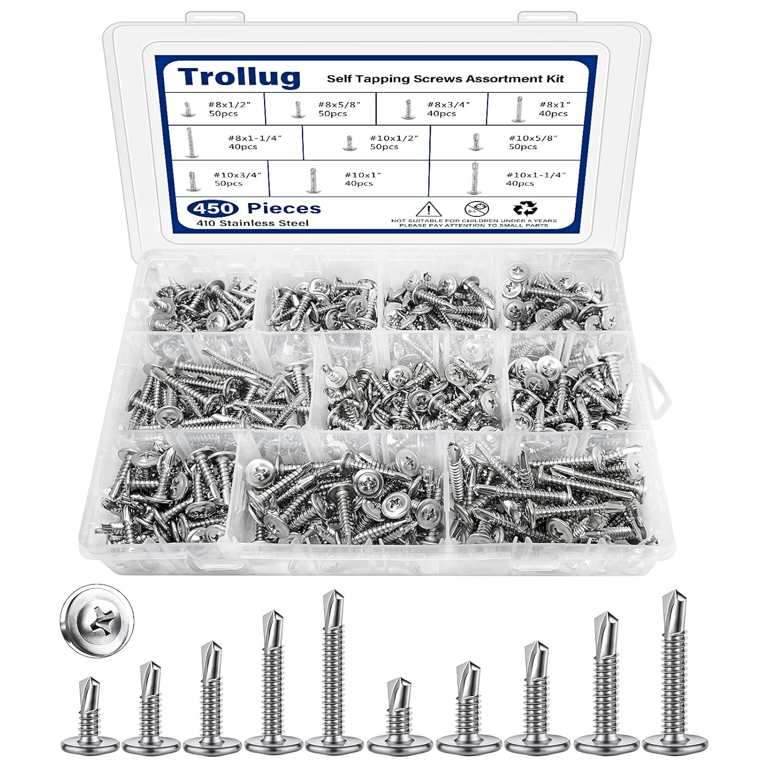 450PCS Self Tapping Screws for Metal, 410 Stainless Steel Self Drilling Screws #8#10 Truss Head Sheet Metal Screws Assortment Kits, Length 1/2