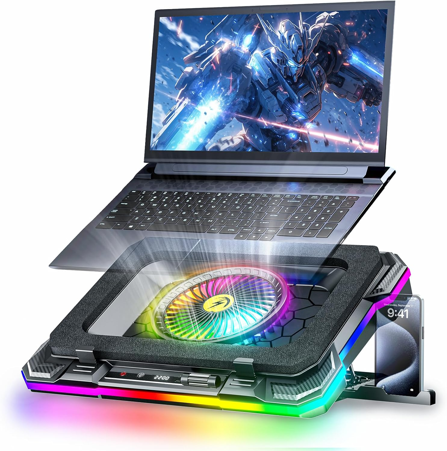 Gaming Laptop Cooling Pad, Laptop Fan Cooling Pad with 5.5Inch RGB External Fan, Rapid Cooling Laptop 15.6-19.3Inch, 8 Height Stands, 2 USB Ports, Phone Holder-K1 5V RGB
