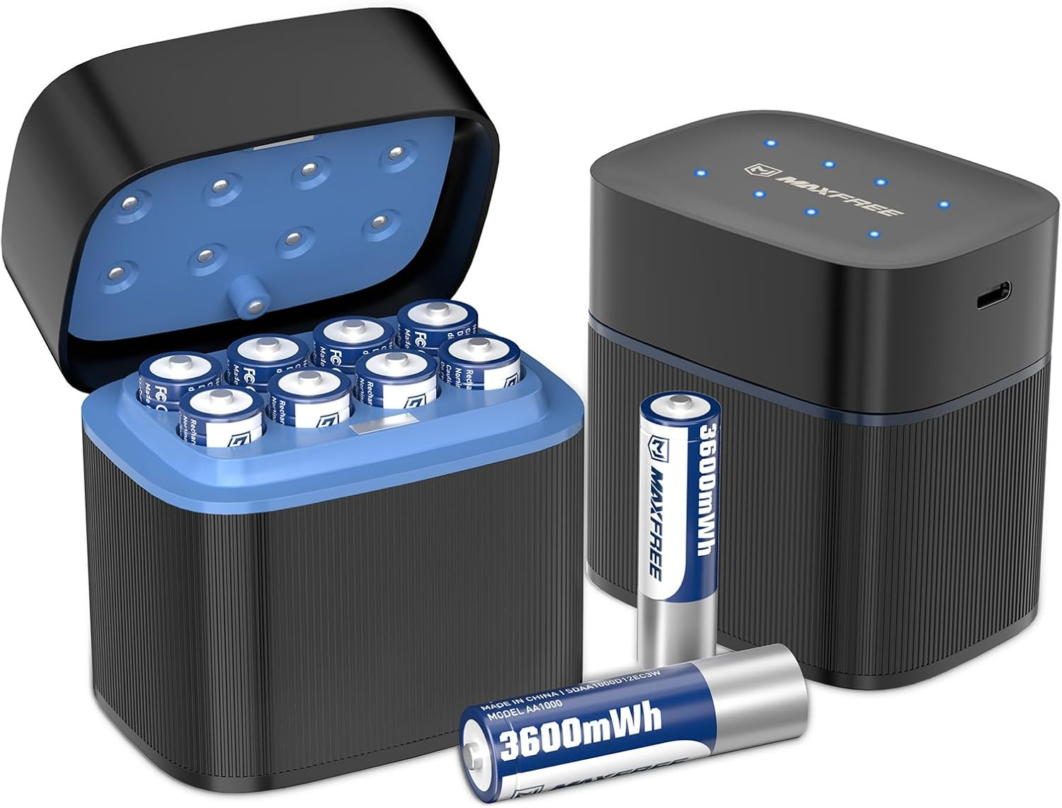 Maxfree Rechargeable AA Batteries Lithium with Charger, 8-Pack 1.5V 3600Mwh Long Lasting Double a Batteries with LED Display, Cycle Times up to 2500 – Fast Charging for Blink Outdoor Cameras & Toys