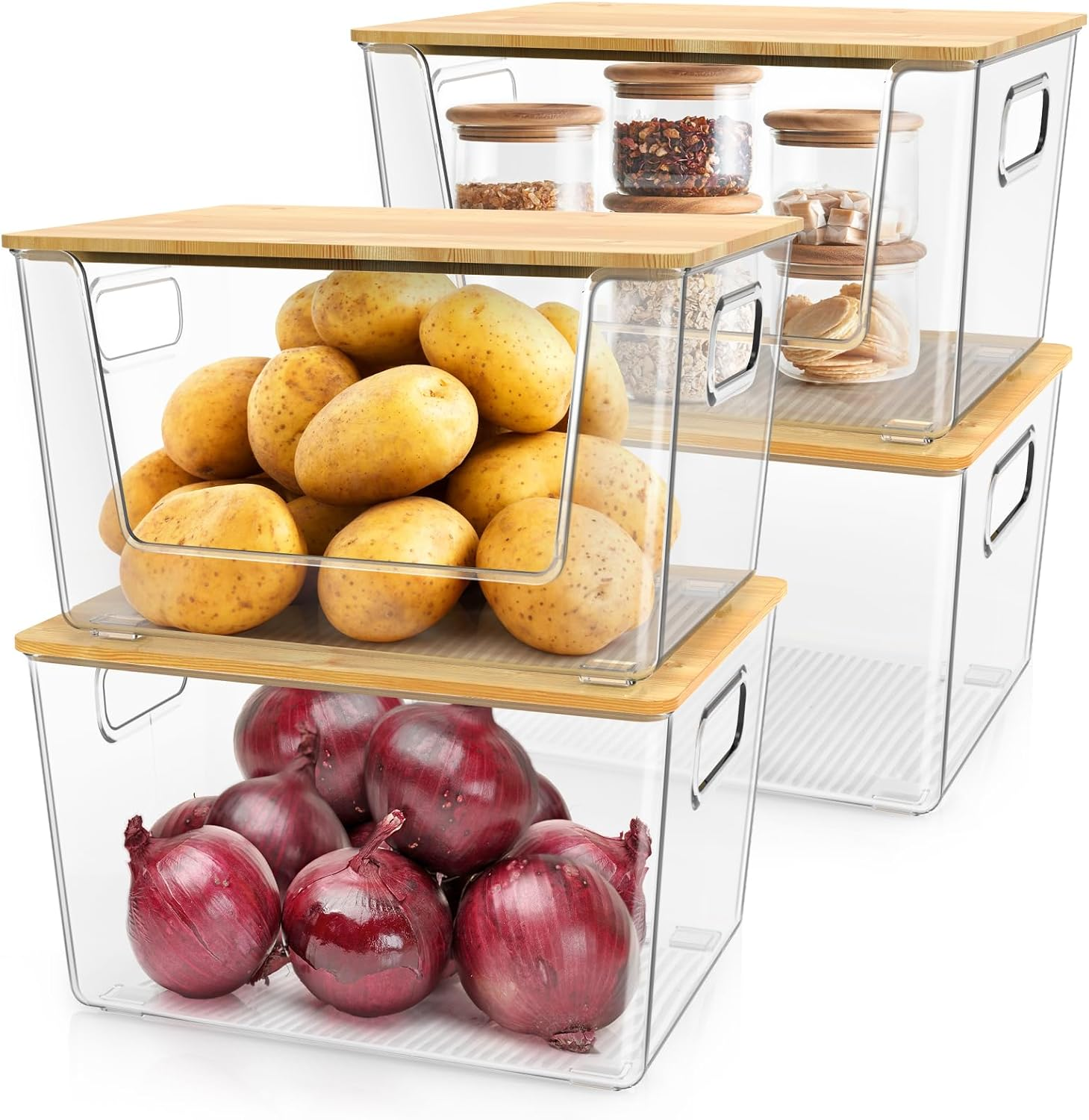 Stackable Storage Bin for Pantry Front Open & Enclosed Sets, Kitchen Counter Organizer Basket for Potato, Onion, Garlic, Fruit, Vegetable, Produce, Clear Plastic Storage with Lid&Handle(2+2Sets)
