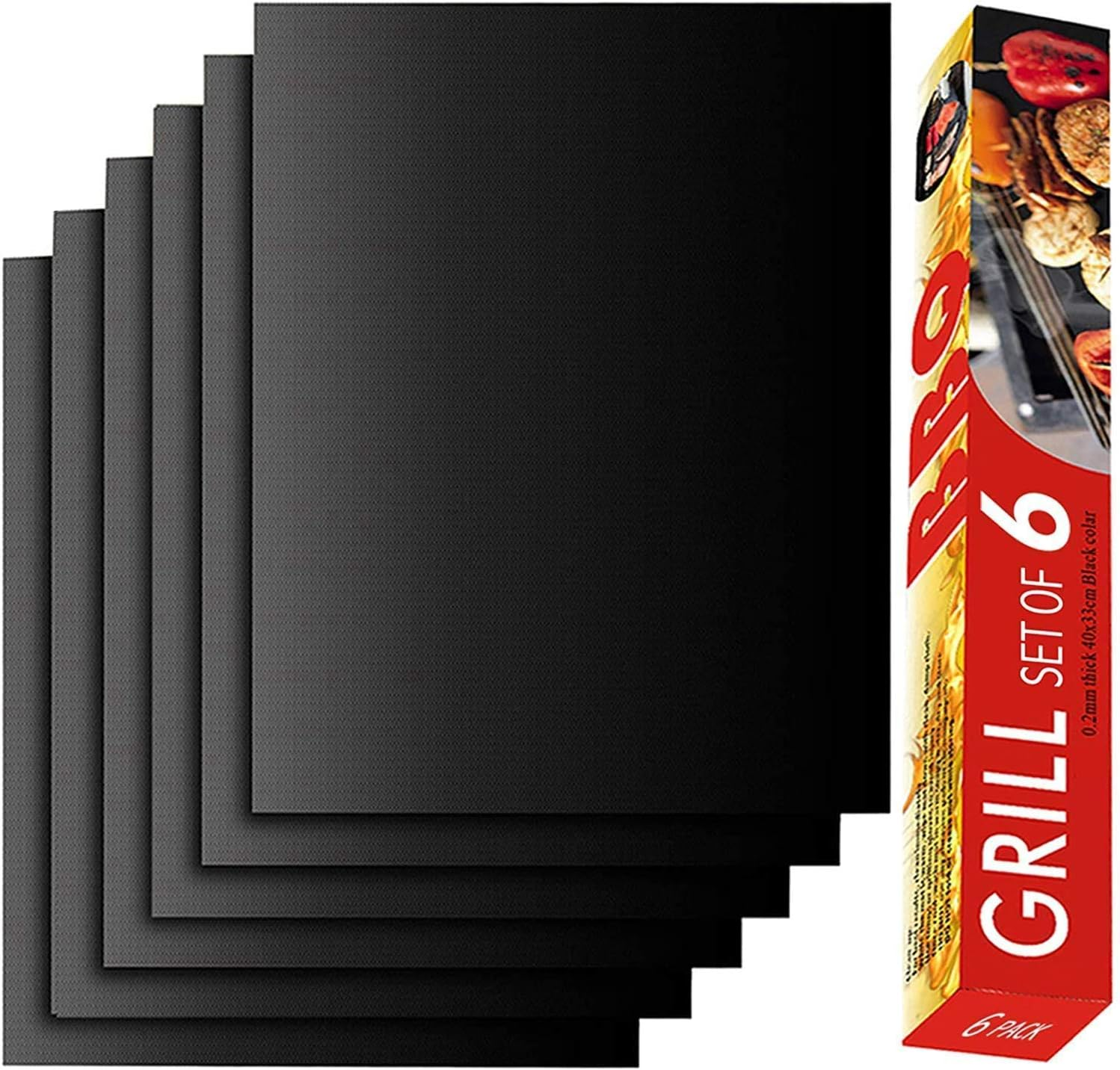 Grill Mat Set of 6-100% Non-Stick Reusable Mats for Gas, Charcoal or Electric Grills - Easy to Clean - 15.75 x 13-Inch, Black