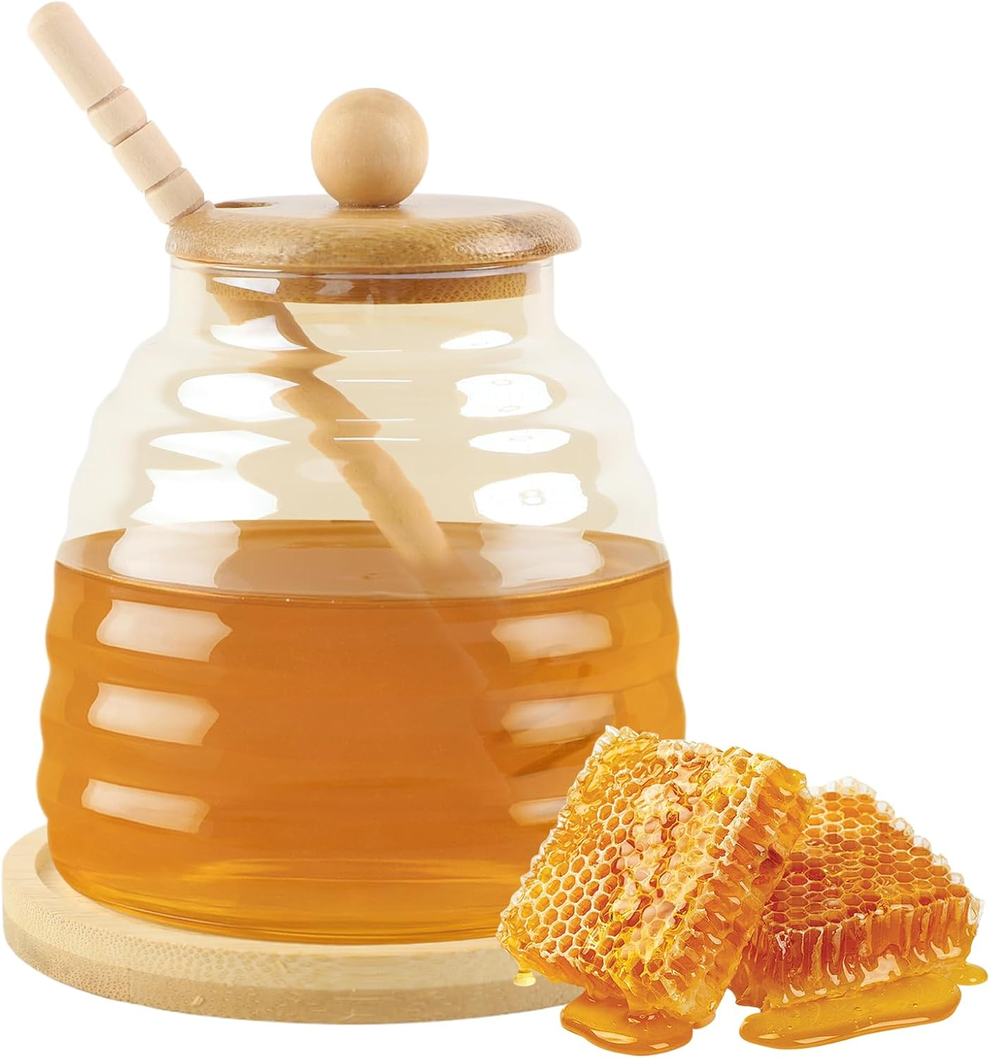Honigglas, Honigspender, 480ML Honigtopf Mit Löffel, Honigglas Mit Holz Deckel, Versiegelter Glasbehälter, Weithals Honigvorratsglas Für Die Aufbewahrung in Der Küche (Braun4)