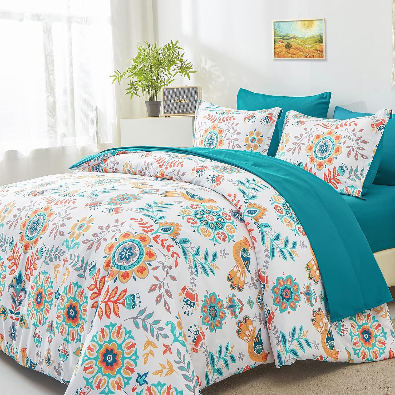 Boho Comforter Set Queen - 7 Pieces Bed in a Bag Floral Medallions Design, Bohemian Comforter Set with Sheets, Soft Microfiber Complete Bedding Sets All Season (Teal Blue, Queen)