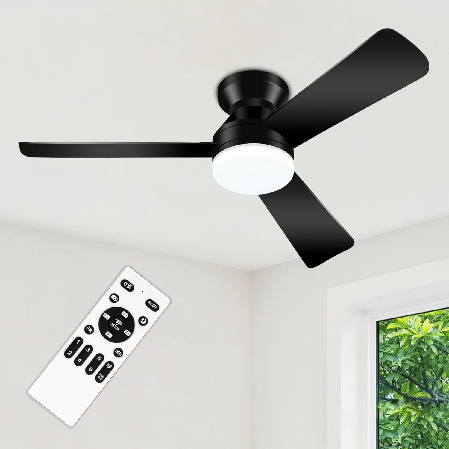 Ceiling Fans with Lights - 42 Inch Low Profile Ceiling Fan with Light and Remote, Reversible DC Motors, 3CCT Dimmable Timer Noiseless, Black Flush Mount Ceiling Fan for Bedroom/Living Room