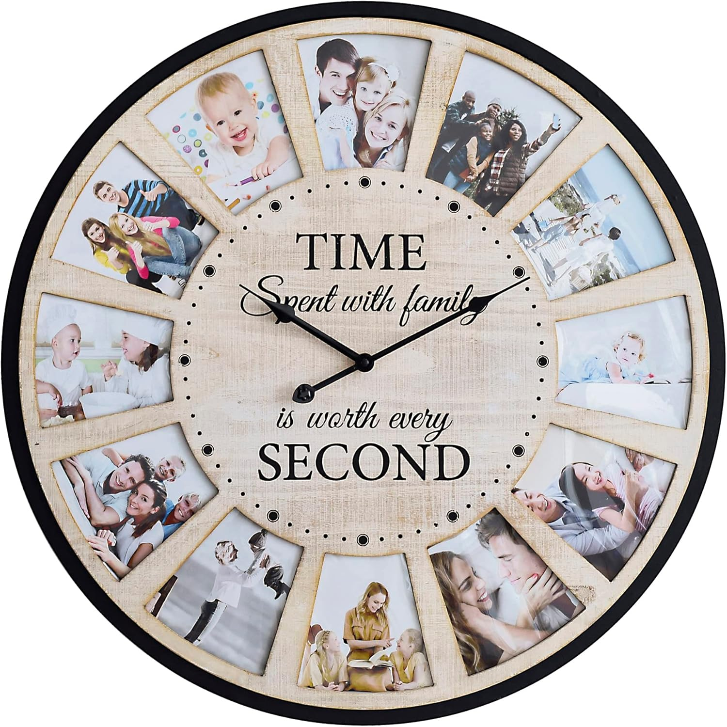 12 Photo Collage Rustic Farmhouse Wood Wall Clock, Large Oversized Wall Clock for Home, Kitchen, Living Room, Silent Battery Powered 25 Inch Natural