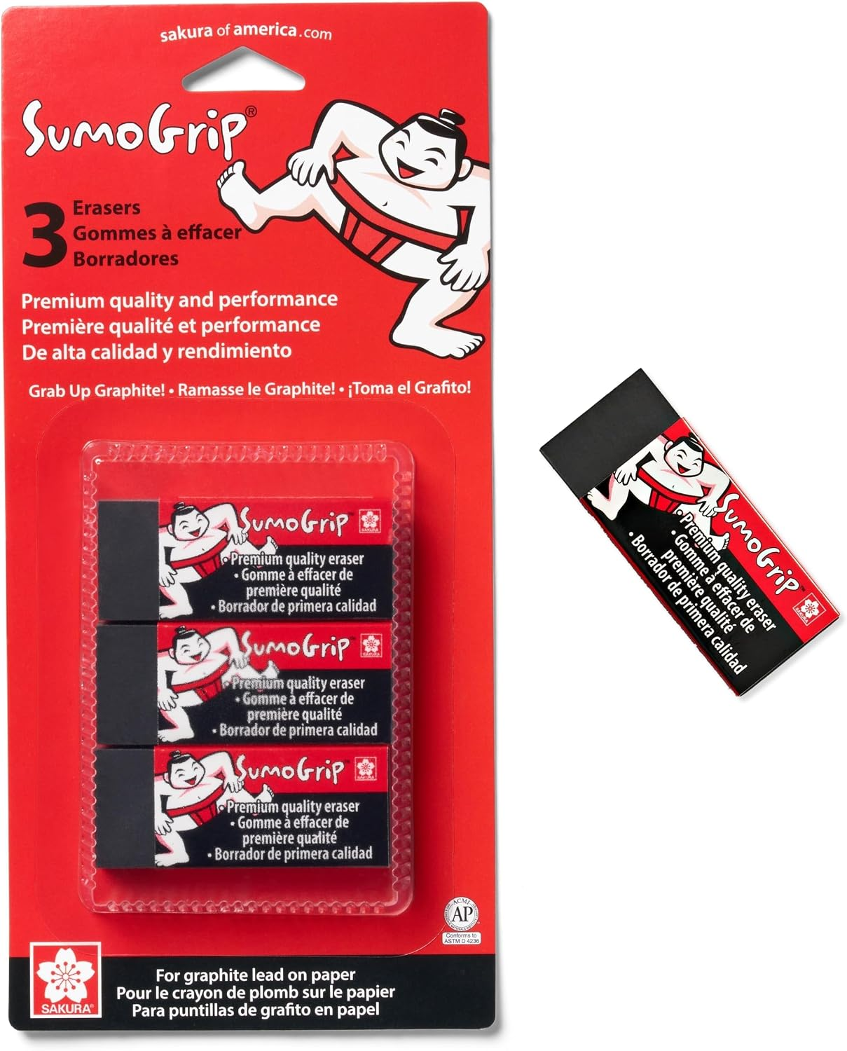 SAKURA Sumogrip Block Eraser, Black, Small B80, 2.125 X 0.875 In, 3 Pack