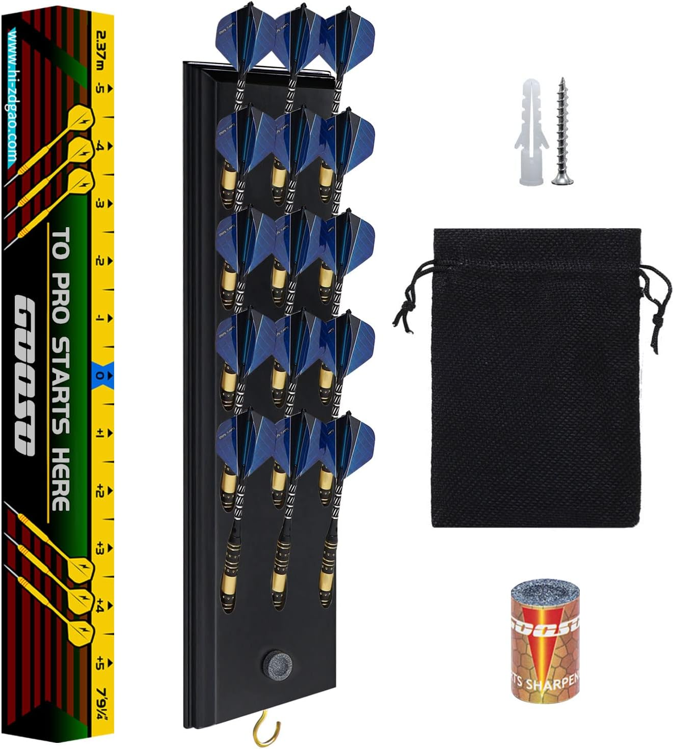 Darts Holder Wall Mounted Displays 12 or 15 Steel/Soft Tip Darts, Darts Caddy for Wall with Metal Hook, Accessory Storage Bag