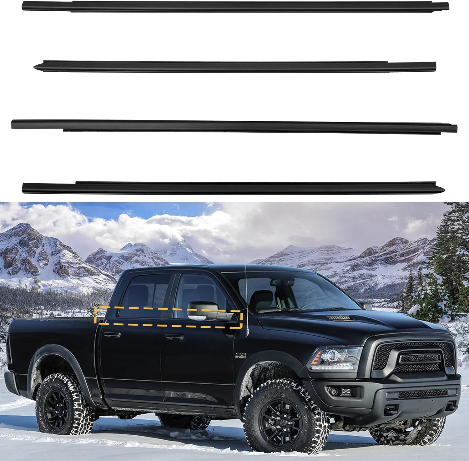 Weatherstrip Window Moulding Trim Seal Belt Kit Compatible with Dodge Ram 1500 2500 3500 4500 5500 Crew Cab 2009-2023, Weather Stripping Replace#55112376Ah 55112377AH 55372138AH 55372139AH (4PCS)