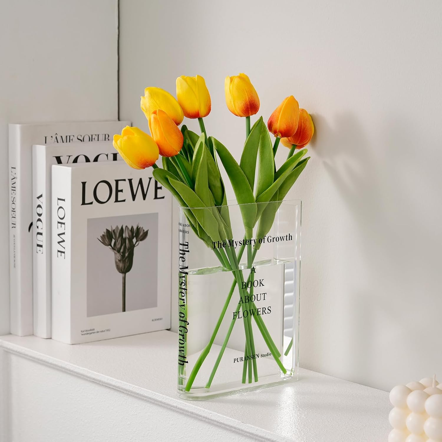 Clear Book Flower Vase - Floral Bookshelf Decor, Acrylic Flower Holder & Space-S