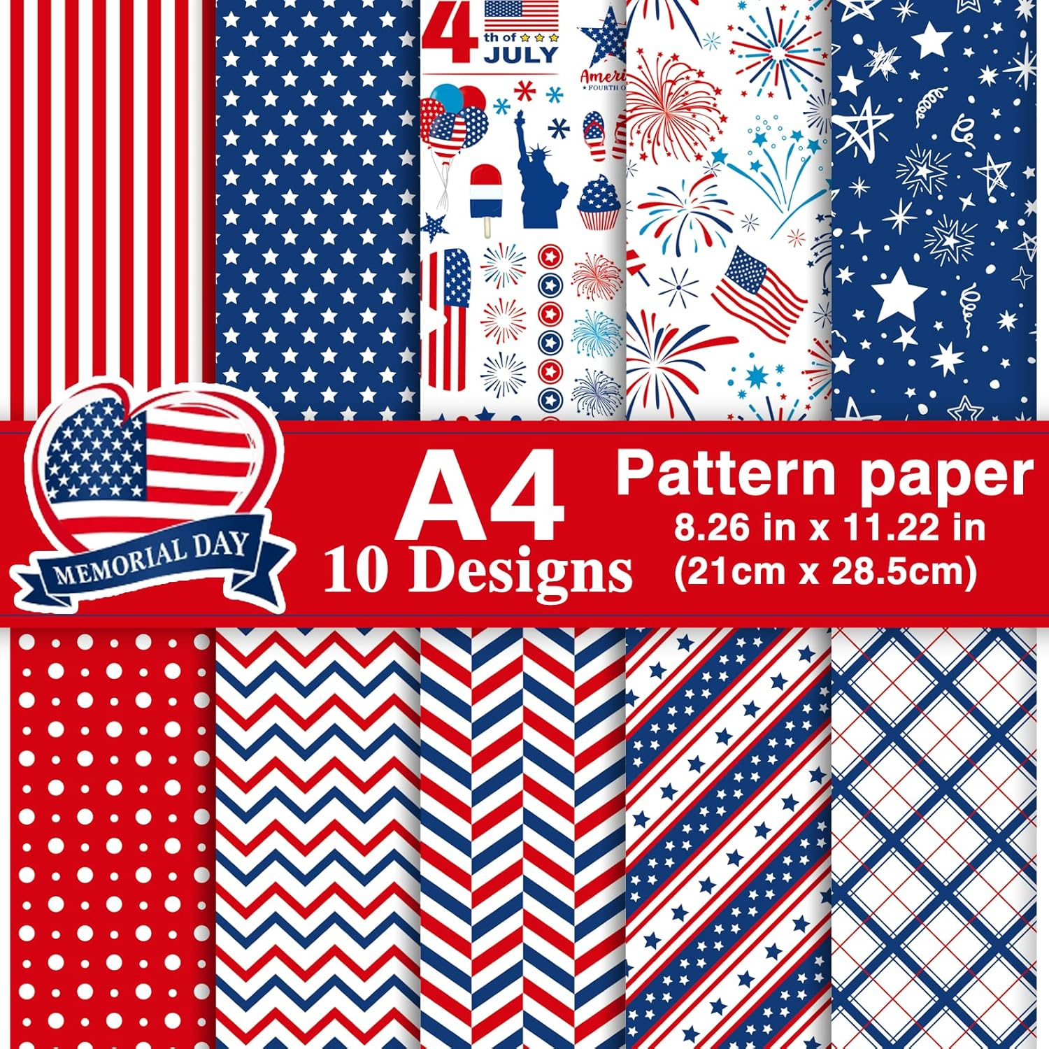 45 Sheets 4Th of July Pattern Paper Set A4 Size Decorative Paper Double-Sided Craft Origami Paper for Independence Day Scrapbooking Card Making Crafting, 10 Designs