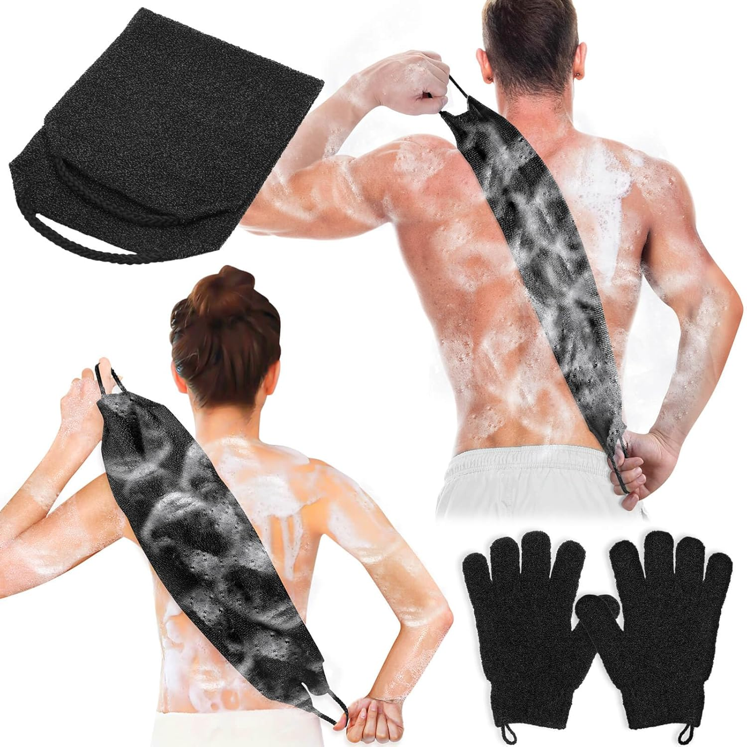 Anezus Exfoliating Back Scrubber Bath Gloves Set, Exfoliating Shower Towel with Shower Gloves for Body Scrub, Back Cleaner Wash Gloves to Remove Dead Skin (Black)