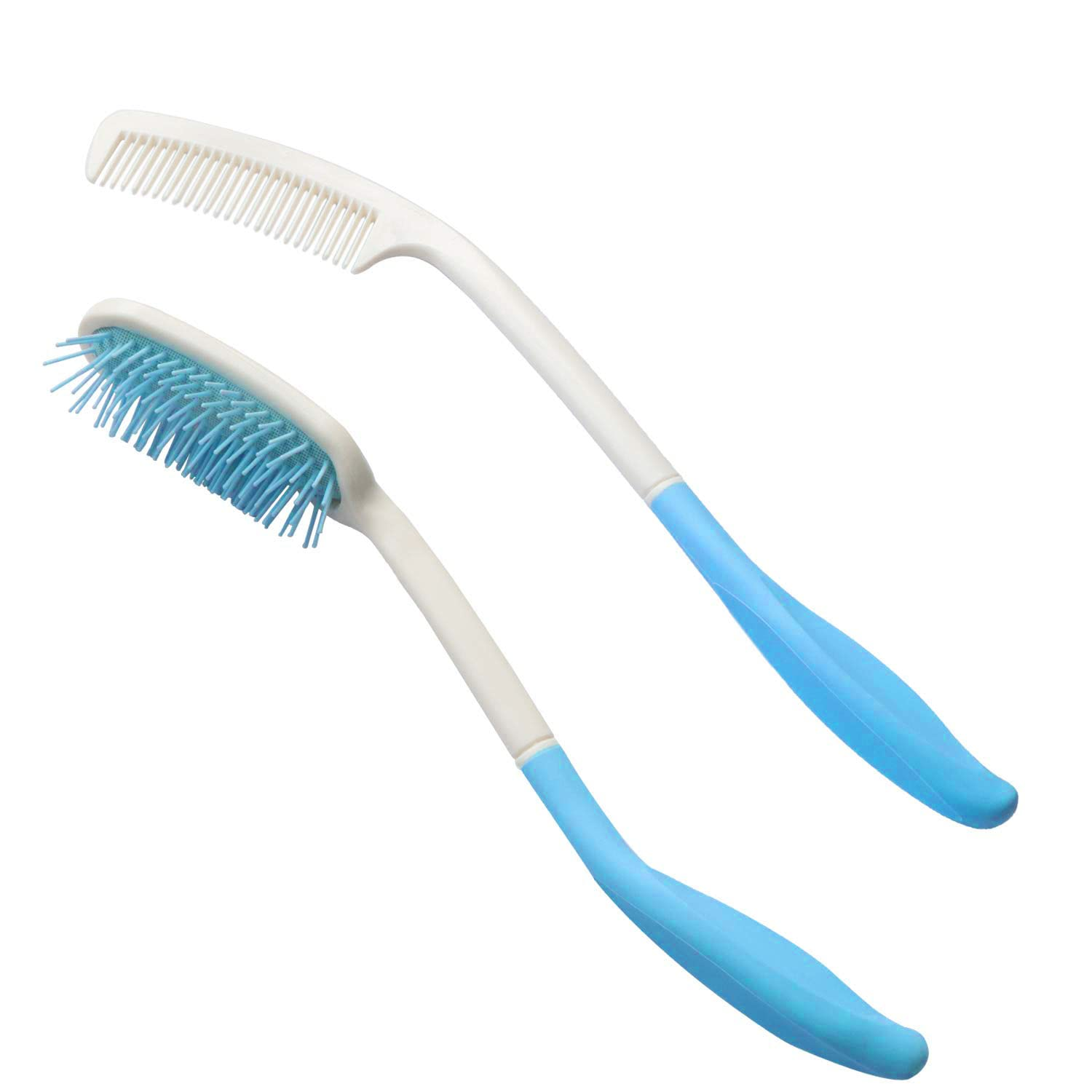 Long Reach Handled Comb and Hair Brush Set for Elderly and Hand-Disabled People, Not Need to Lift Hand (Blue)