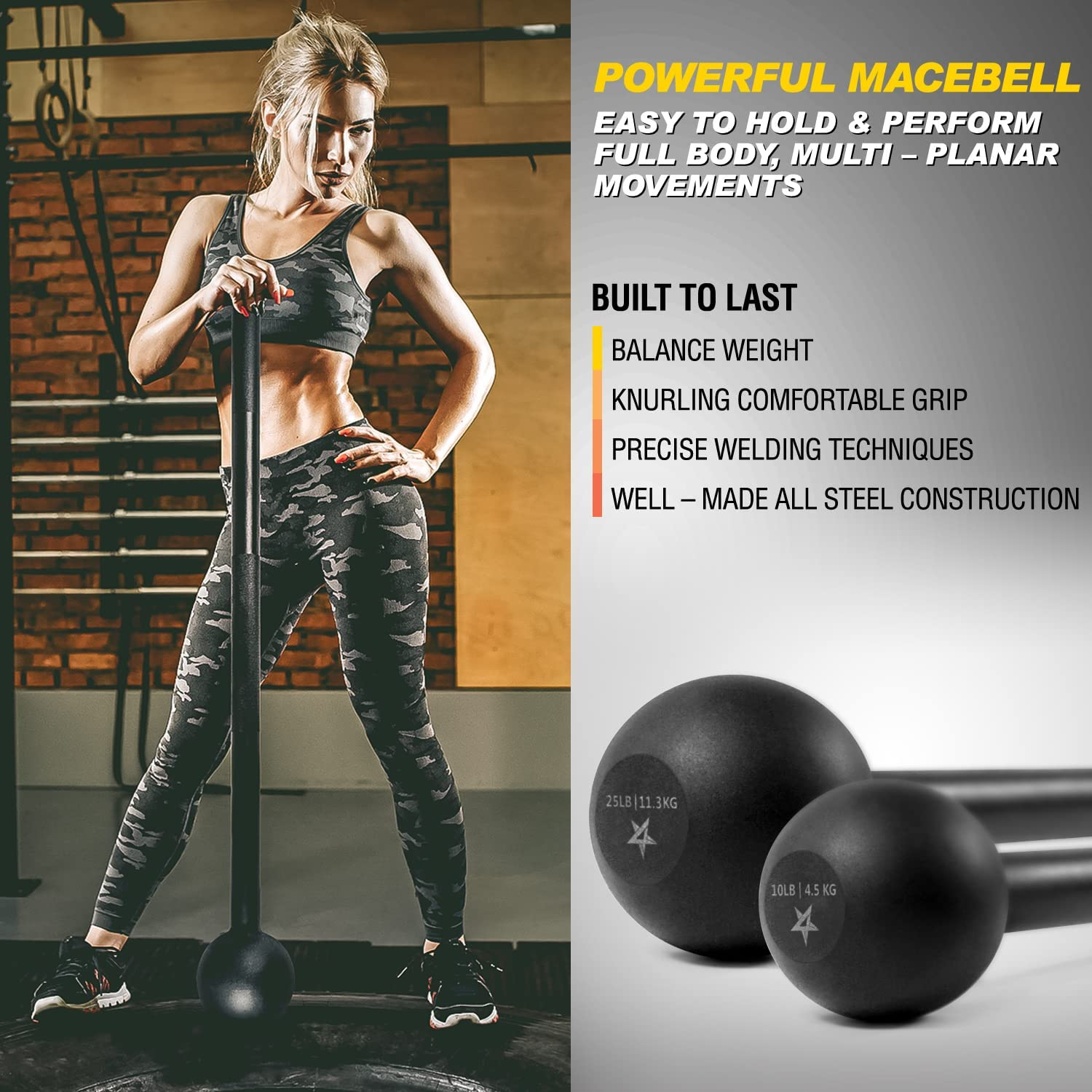 Yes4All Steel Mace Bell for Comprehensive Strength Training - Supports Full Body, Muscle Development, Shoulder, Grip, and Forearm Workouts - Available in 5, 7, 10, 15, 20, 25, and 30 LB for Both Men and Women