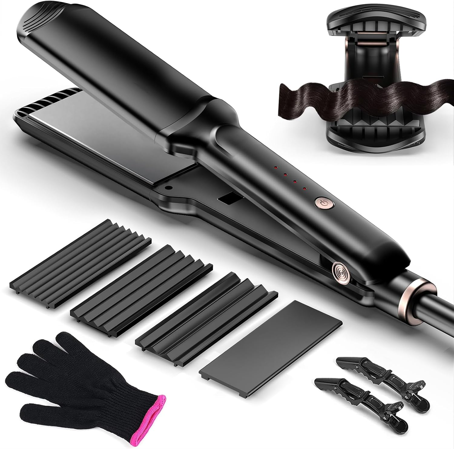 Hair Crimper Waver, Professional Hair Straightener Beach Waves Curling | 4 Interchangeable Ceramic Plates Auto Temp Control for All Hair Types Quick Heat Wide Plate Styling Tool & Straightener
