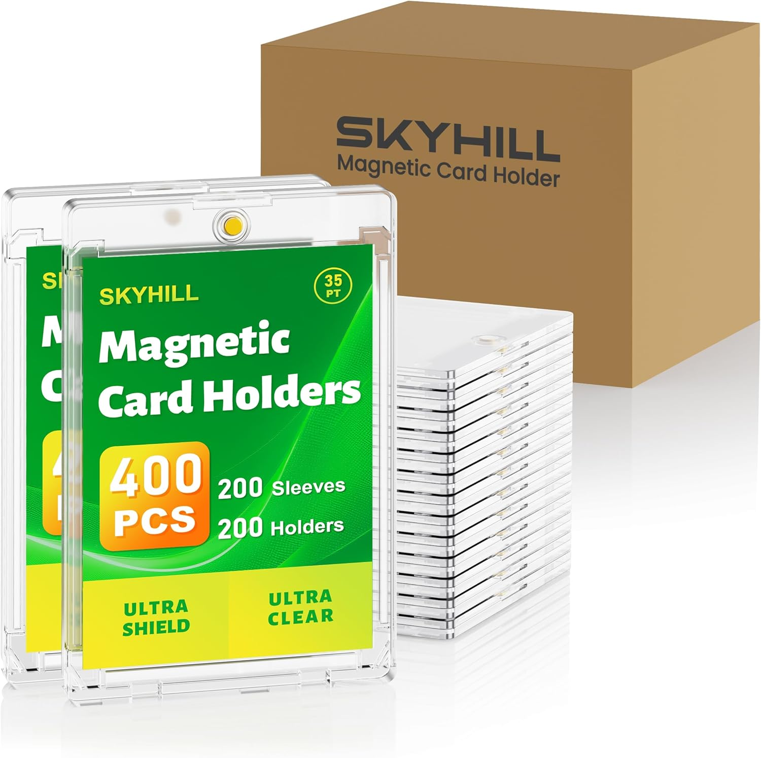 200Ct Magnetic Card Holders, 35Pt Acrylic One Touch Card Holder with Extra 200 Protective Sleeves, U-V Protection& Waterproof Hard Plastic Card Protectors for Trading Cards, Sports, Game Cards
