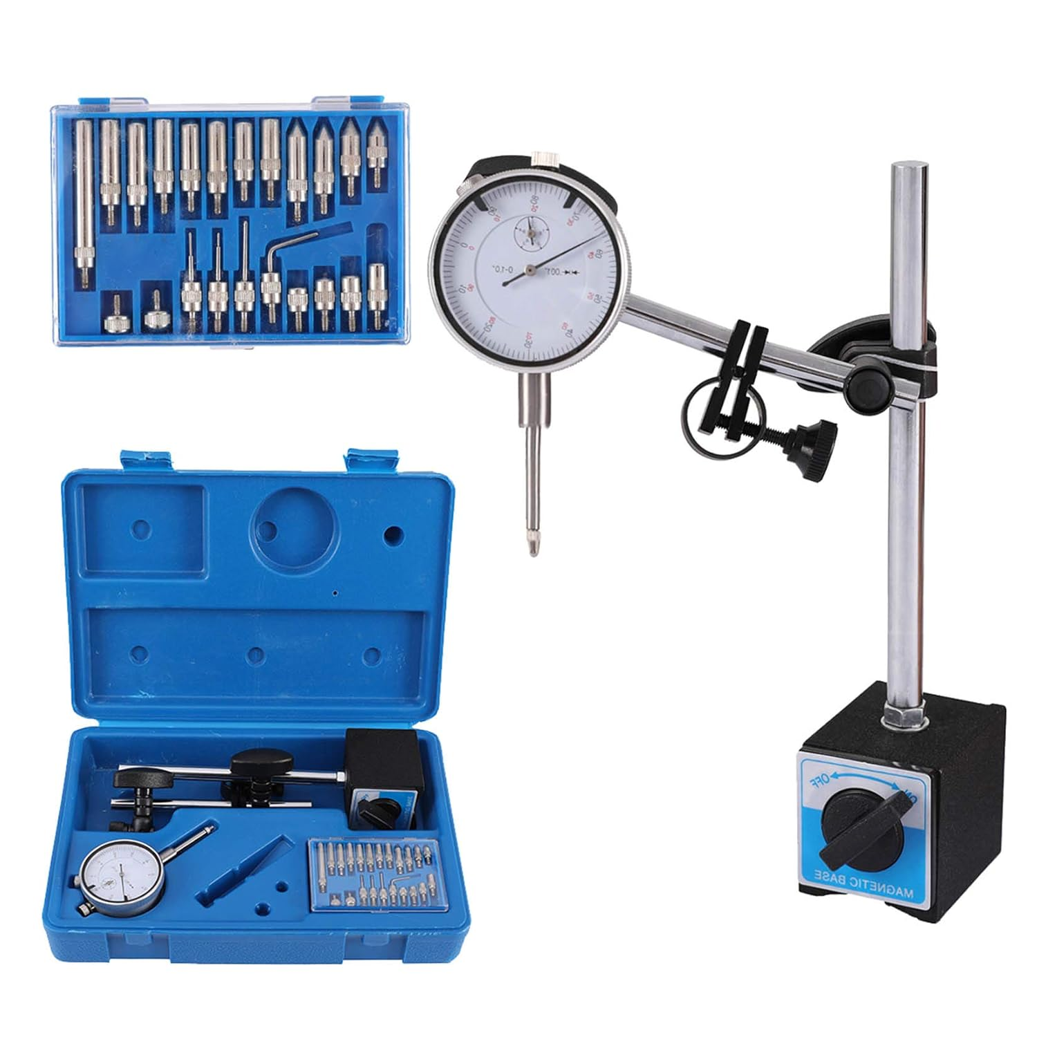 Dial Indicator with Magnetic Base Holder Fine Adjustable Long Arm 0-1